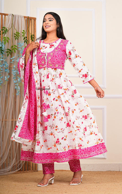 Anarkali Dress Sanganeri Printed Traditional Kurti Pant Set With Dupatta Women Cotton Anarkali Dress Perfect