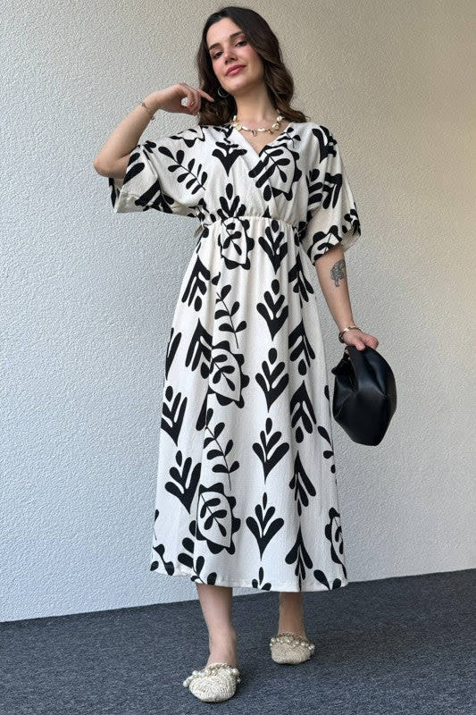 Black And White Floral Midi Cotton Casual Dresses for women