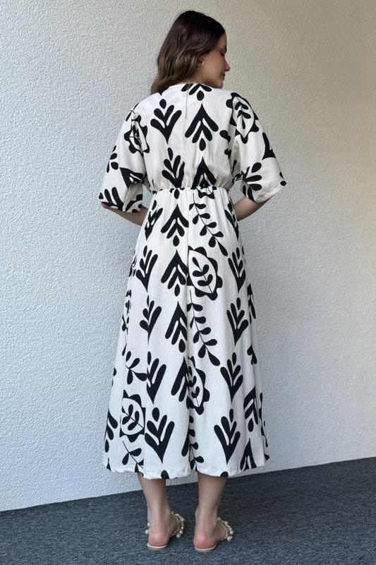 Black And White Floral Midi Cotton Casual Dresses for women