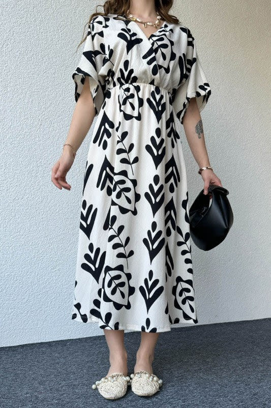 Black And White Floral Midi Cotton Casual Dresses for women