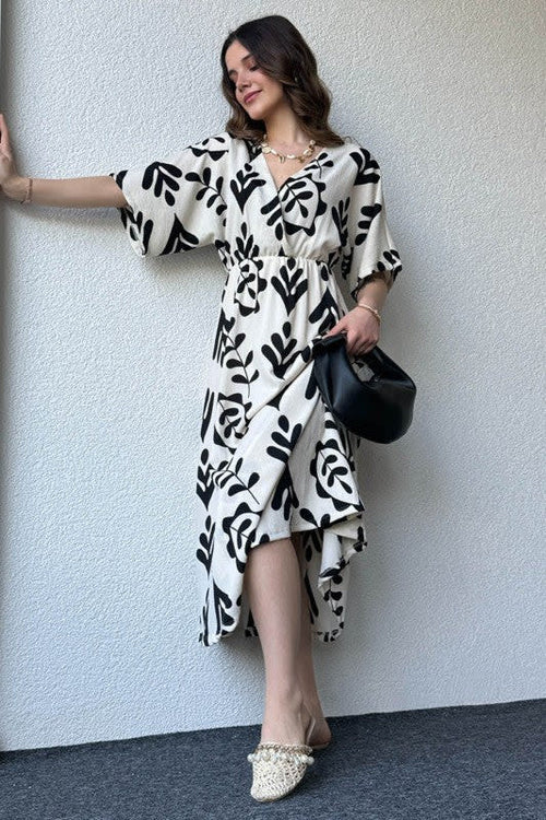 Black And White Floral Midi Cotton Casual Dresses for women