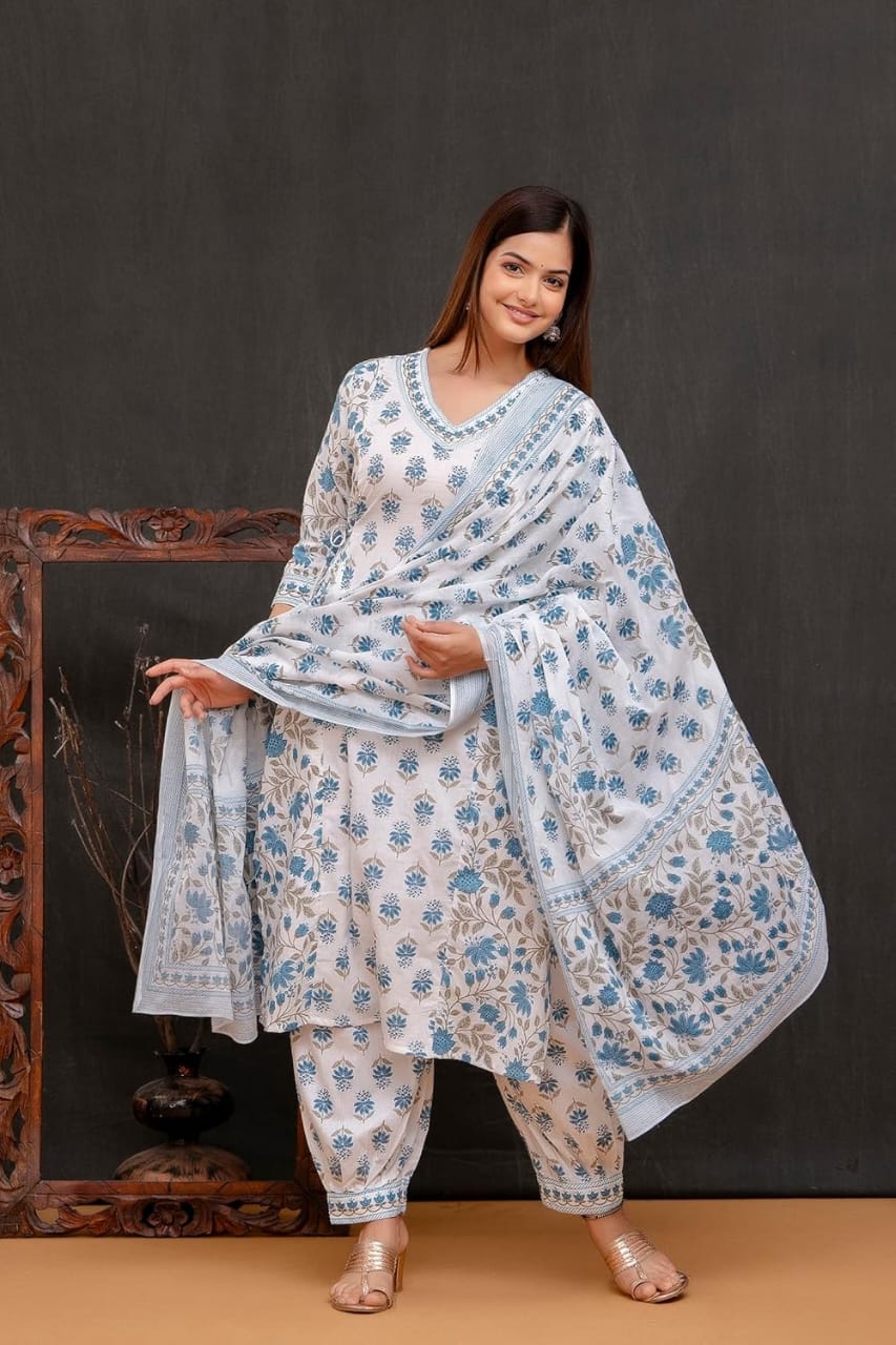 Blue Women's Beautiful Block Print Nyra-Cut Kurta Pant & Dupatta Set