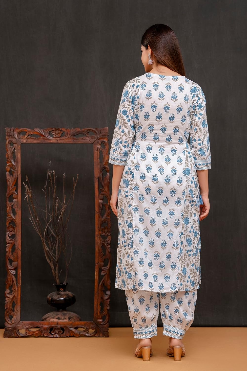 Blue Women's Beautiful Block Print Nyra-Cut Kurta Pant & Dupatta Set