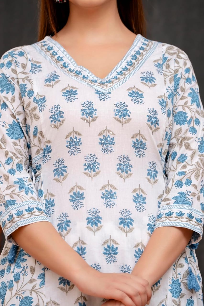 Blue Women's Beautiful Block Print Nyra-Cut Kurta Pant & Dupatta Set
