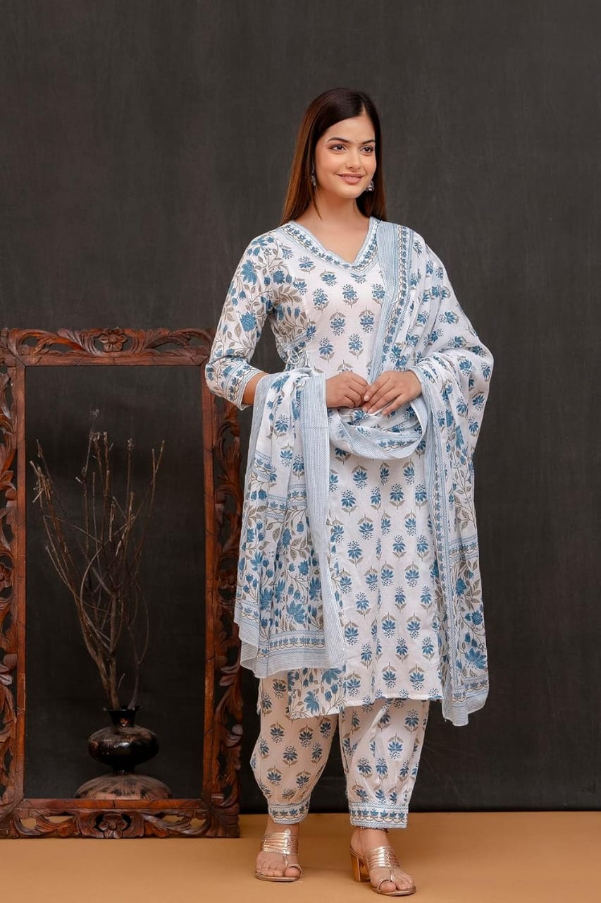 Blue Women's Beautiful Block Print Nyra-Cut Kurta Pant & Dupatta Set