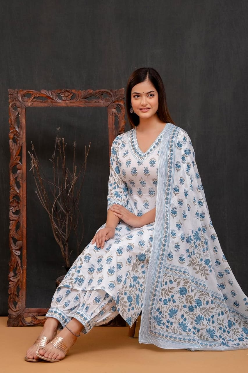 Blue Women's Beautiful Block Print Nyra-Cut Kurta Pant & Dupatta Set