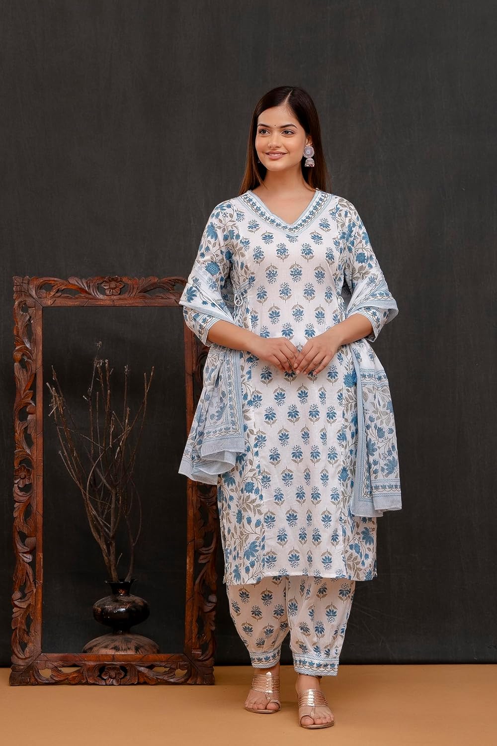 Blue Women's Beautiful Block Print Nyra-Cut Kurta Pant & Dupatta Set