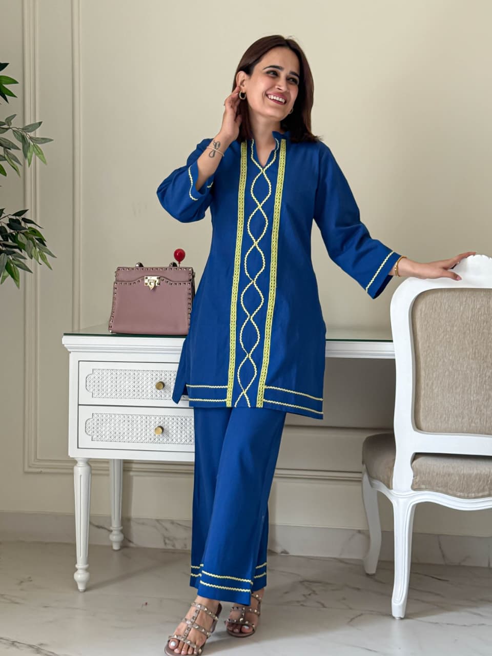 New Blue Cord Set Detailing lace work kurti palazzo set