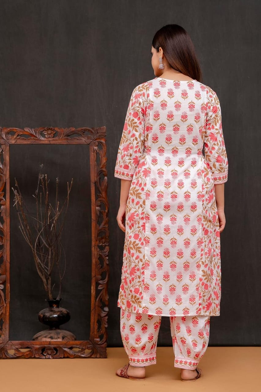 Orange Women's Beautiful Block Print Nyra-Cut Kurta Pant & Dupatta Set