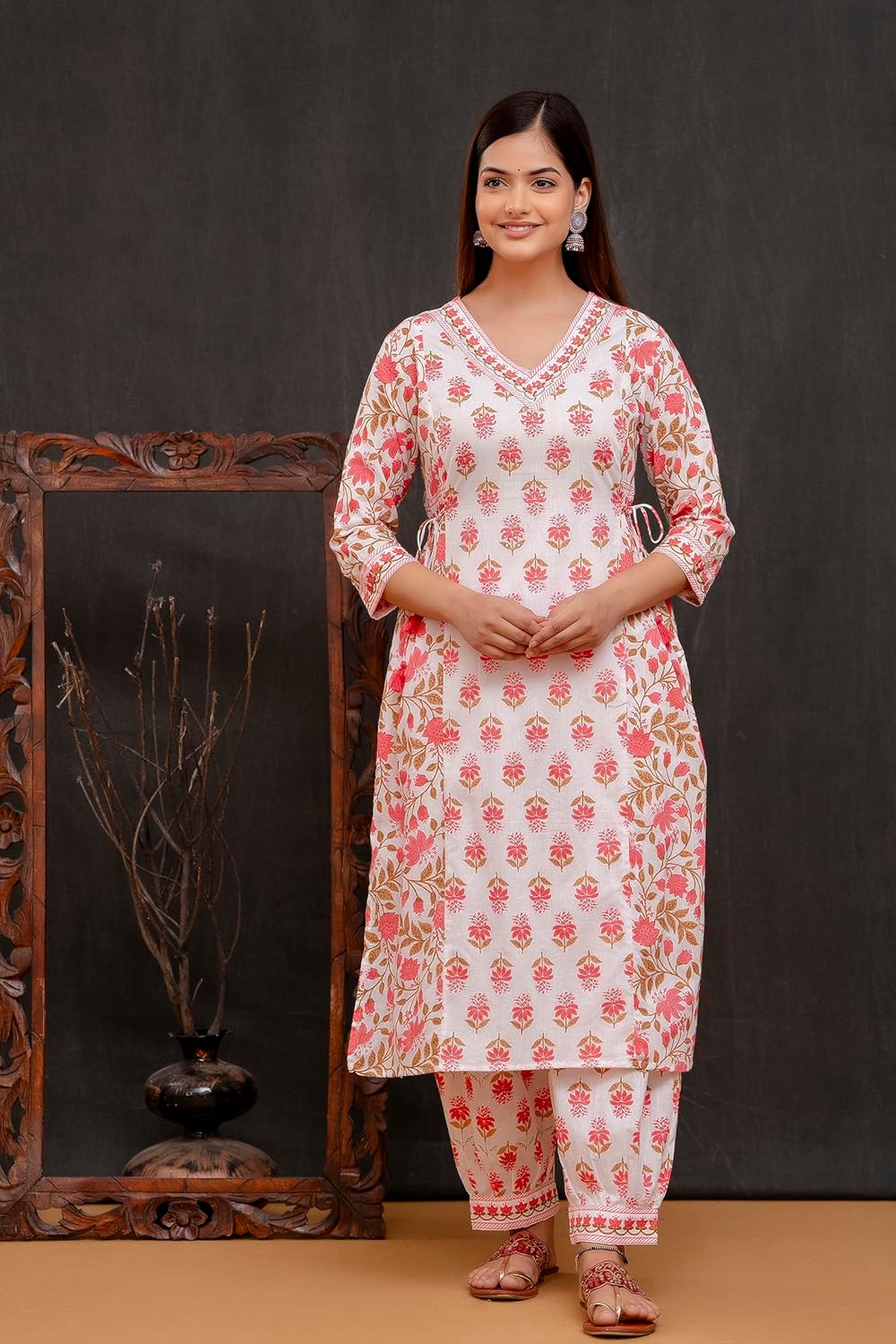Orange Women's Beautiful Block Print Nyra-Cut Kurta Pant & Dupatta Set