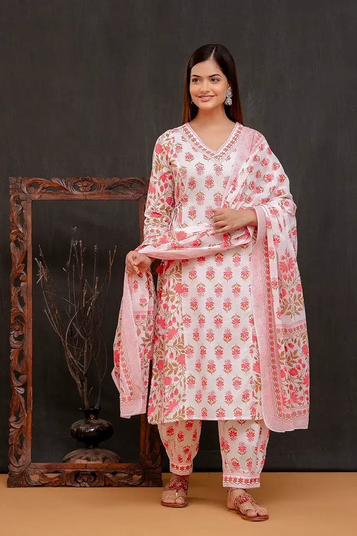 Orange Women's Beautiful Block Print Nyra-Cut Kurta Pant & Dupatta Set