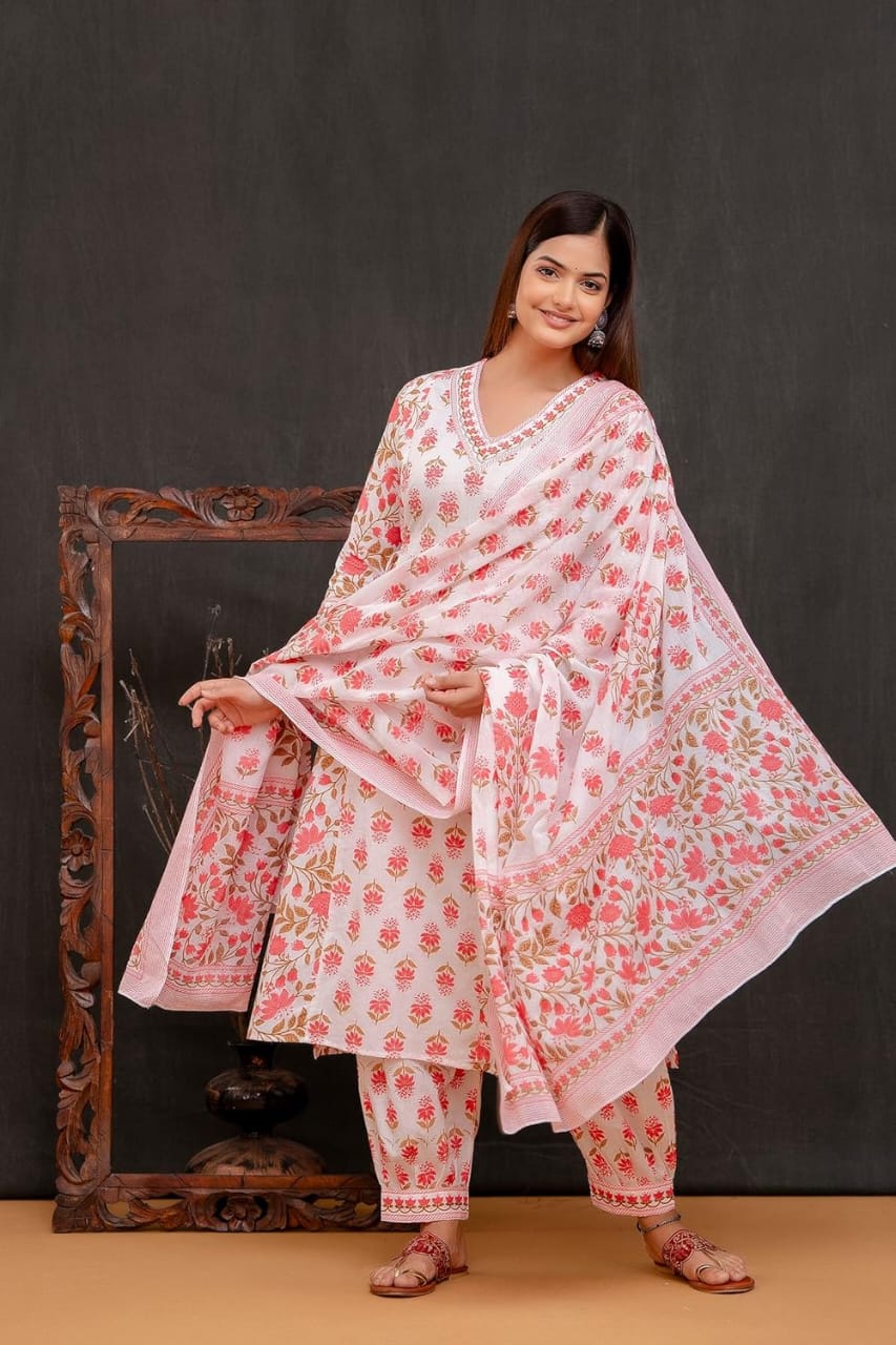 Orange Women's Beautiful Block Print Nyra-Cut Kurta Pant & Dupatta Set
