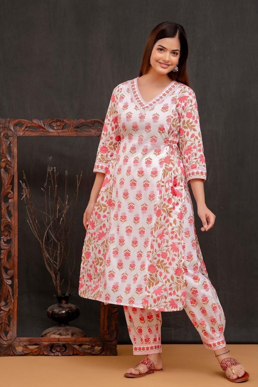 Orange Women's Beautiful Block Print Nyra-Cut Kurta Pant & Dupatta Set
