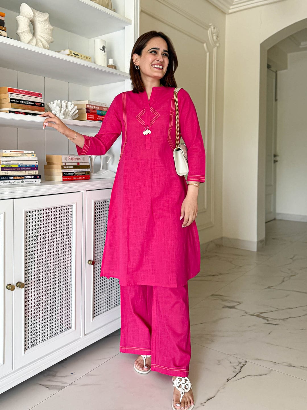 Pure cotton, clean lines, and just the right pop of pink Cord Set
