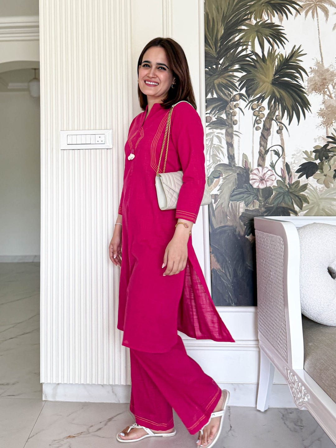 Pure cotton, clean lines, and just the right pop of pink Cord Set
