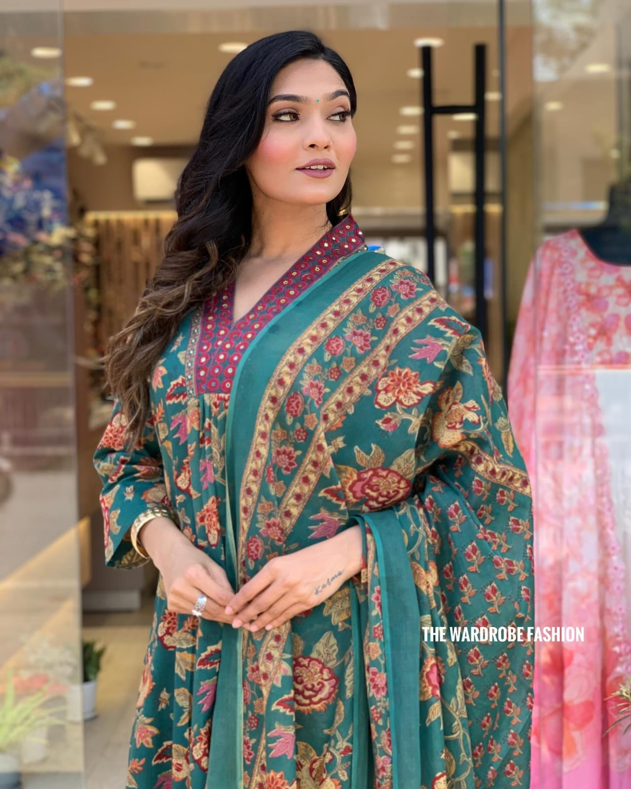 Women's Green Floral Anarkali Kurta Pant And Dupatta Set