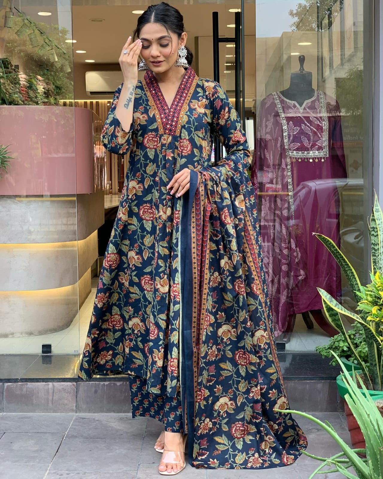 Women's Navy Blue Floral Anarkali Kurta Pant And Dupatta Set