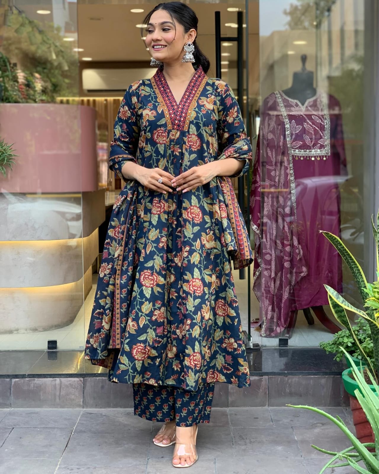 Women's Navy Blue Floral Anarkali Kurta Pant And Dupatta Set
