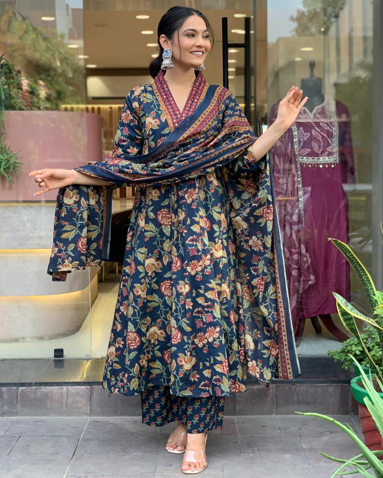 Women's Navy Blue Floral Anarkali Kurta Pant And Dupatta Set