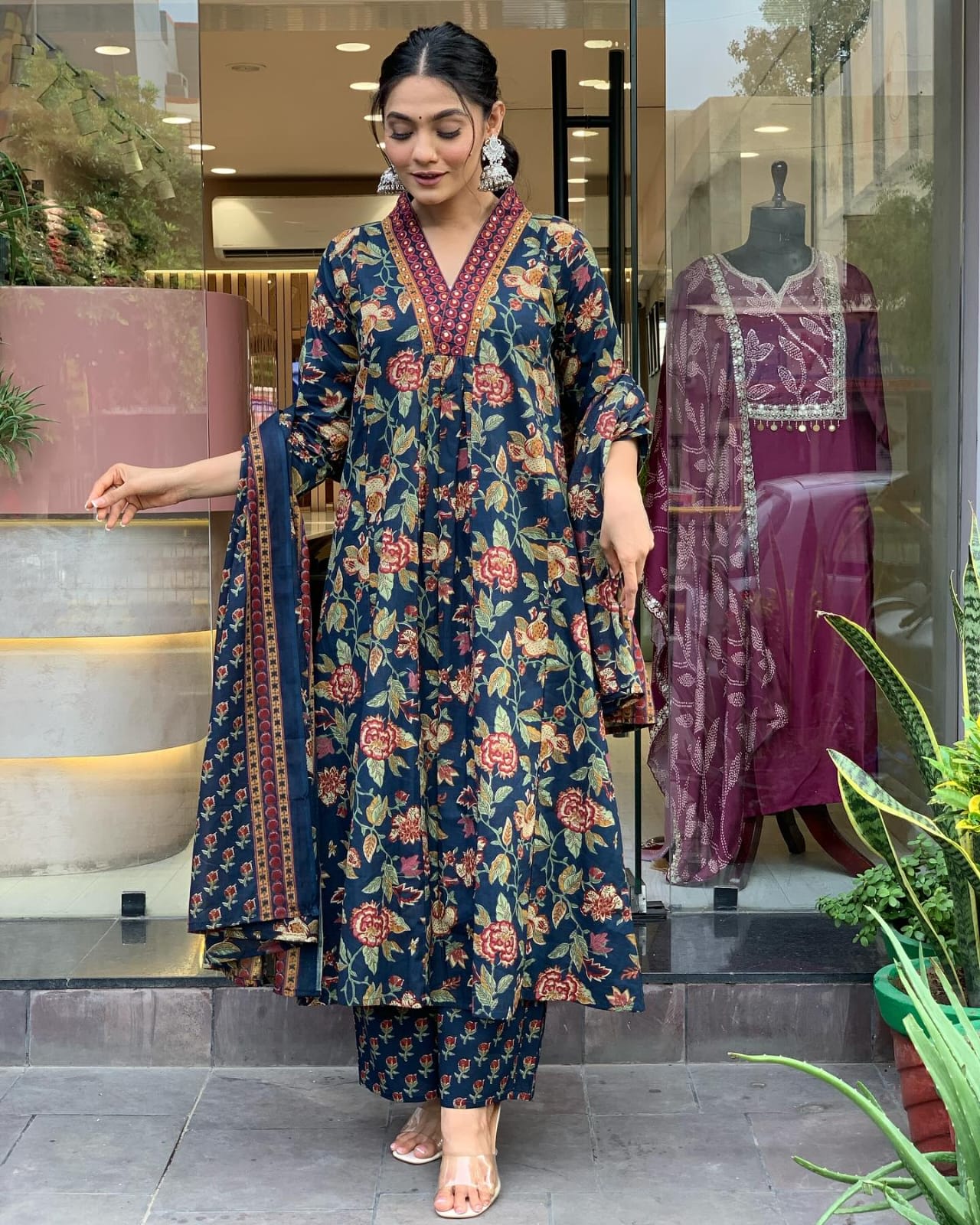 Women's Navy Blue Floral Anarkali Kurta Pant And Dupatta Set