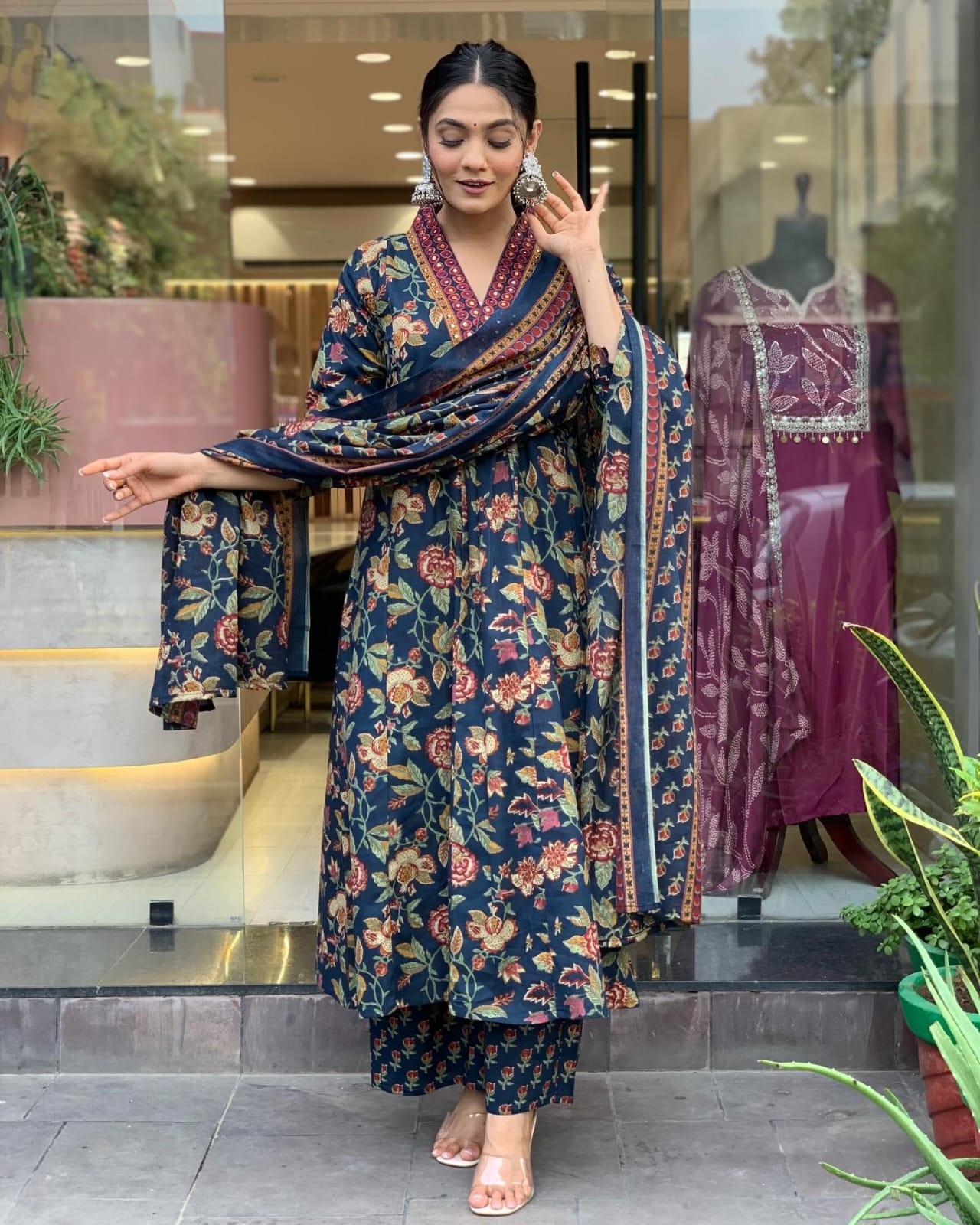 Women's Navy Blue Floral Anarkali Kurta Pant And Dupatta Set