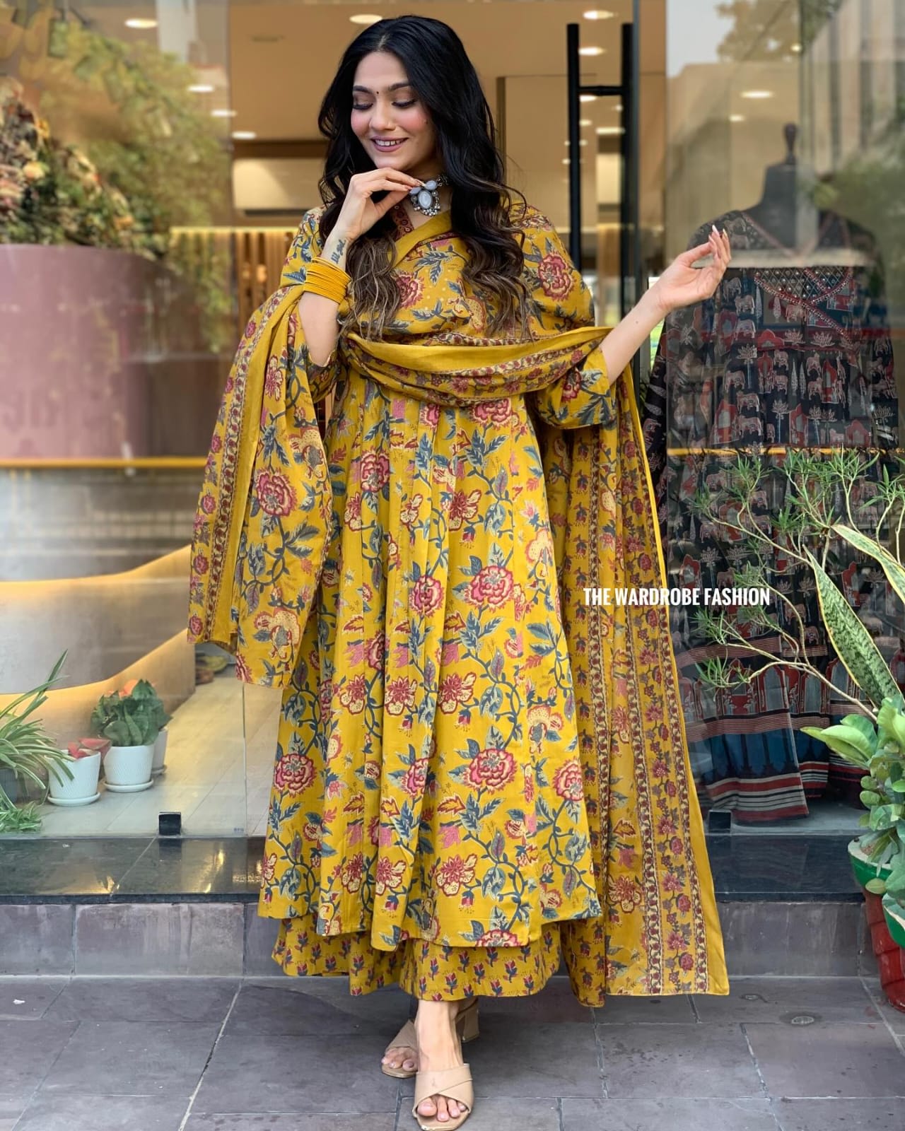 Women's Yellow Floral Anarkali Kurta Pant And Dupatta Set