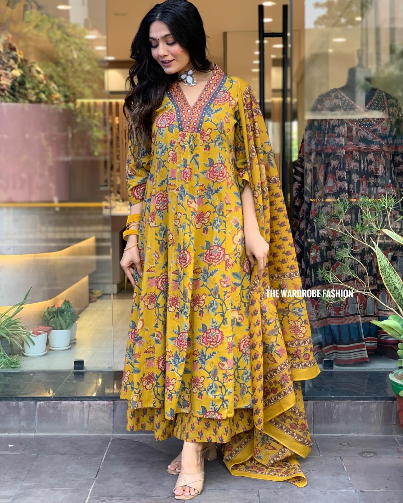 Women's Yellow Floral Anarkali Kurta Pant And Dupatta Set