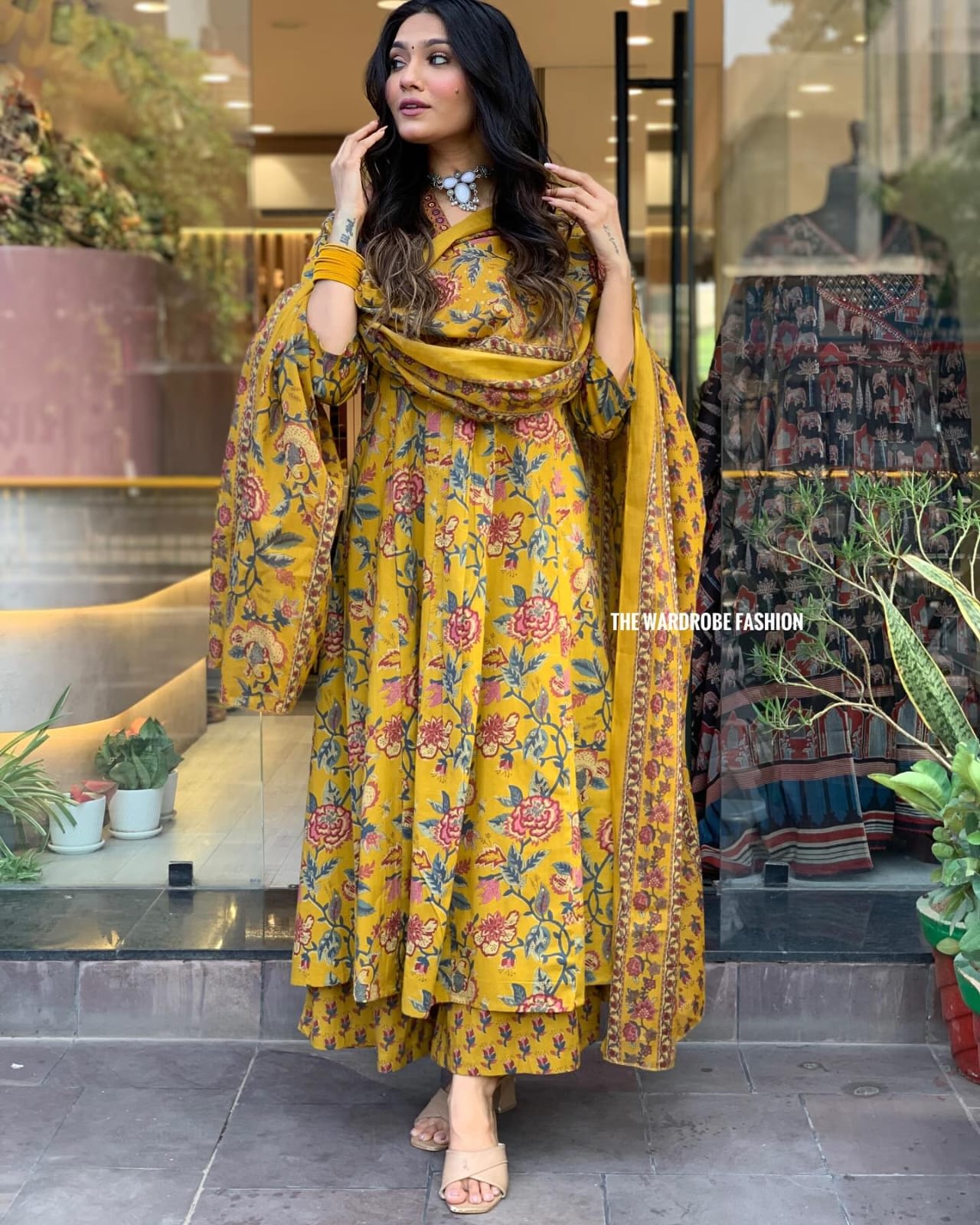 Women's Yellow Floral Anarkali Kurta Pant And Dupatta Set