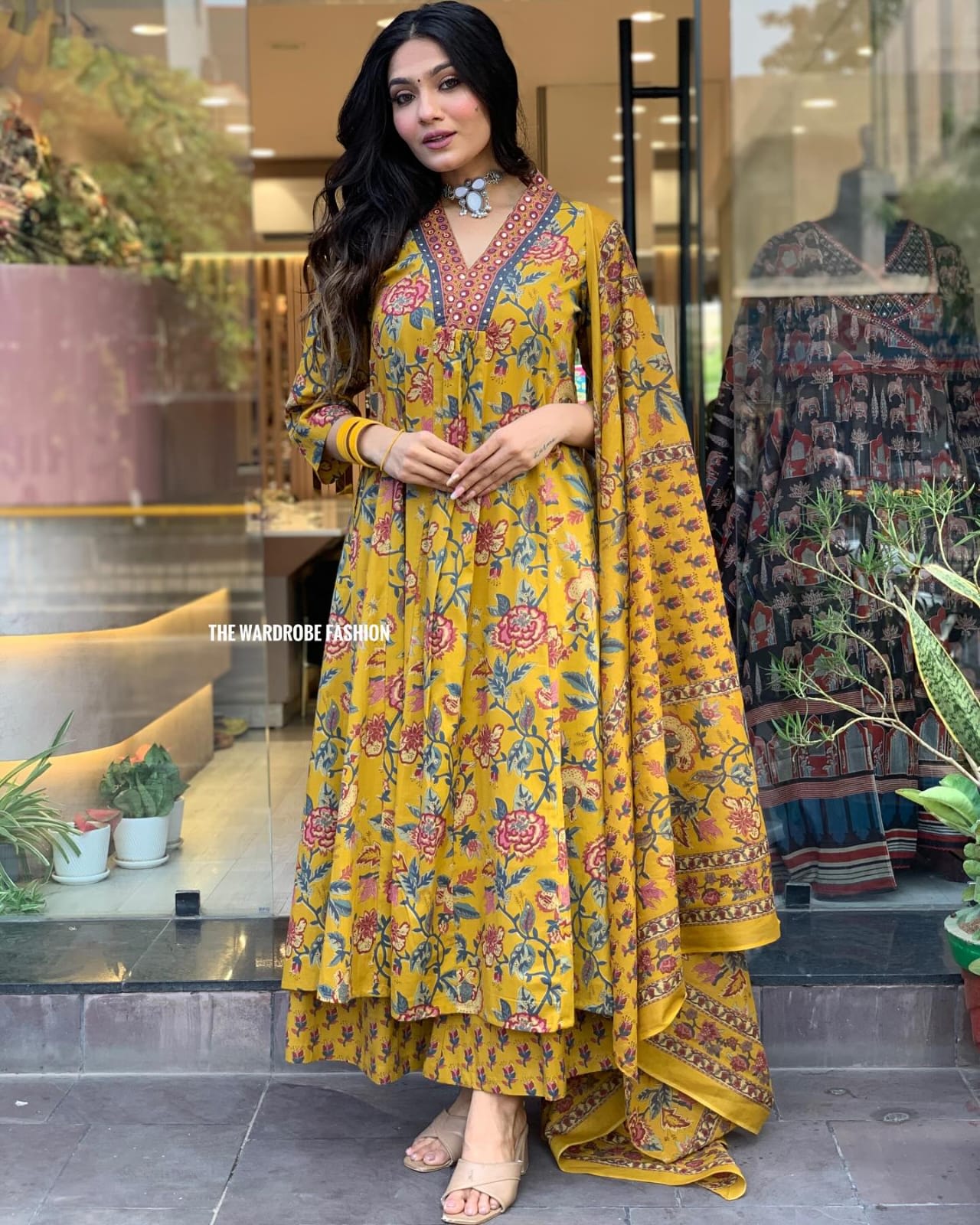 Women's Yellow Floral Anarkali Kurta Pant And Dupatta Set
