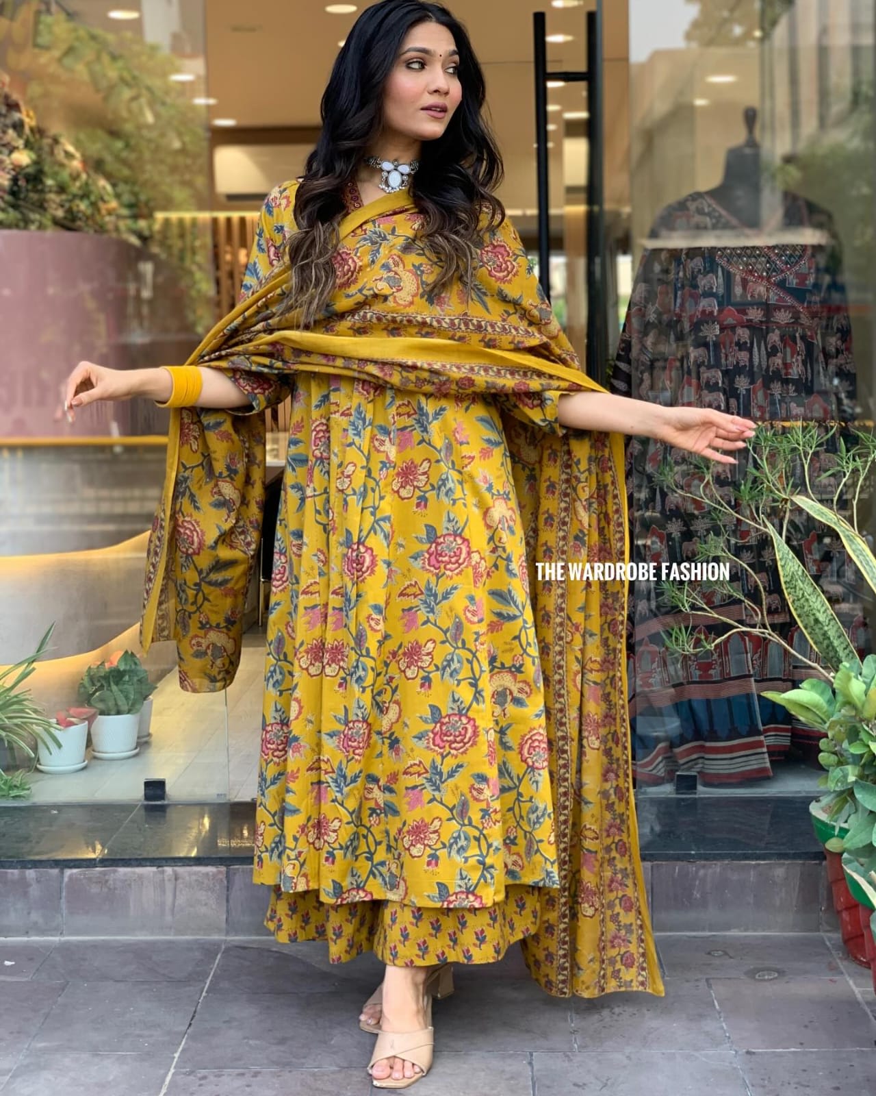 Women's Yellow Floral Anarkali Kurta Pant And Dupatta Set