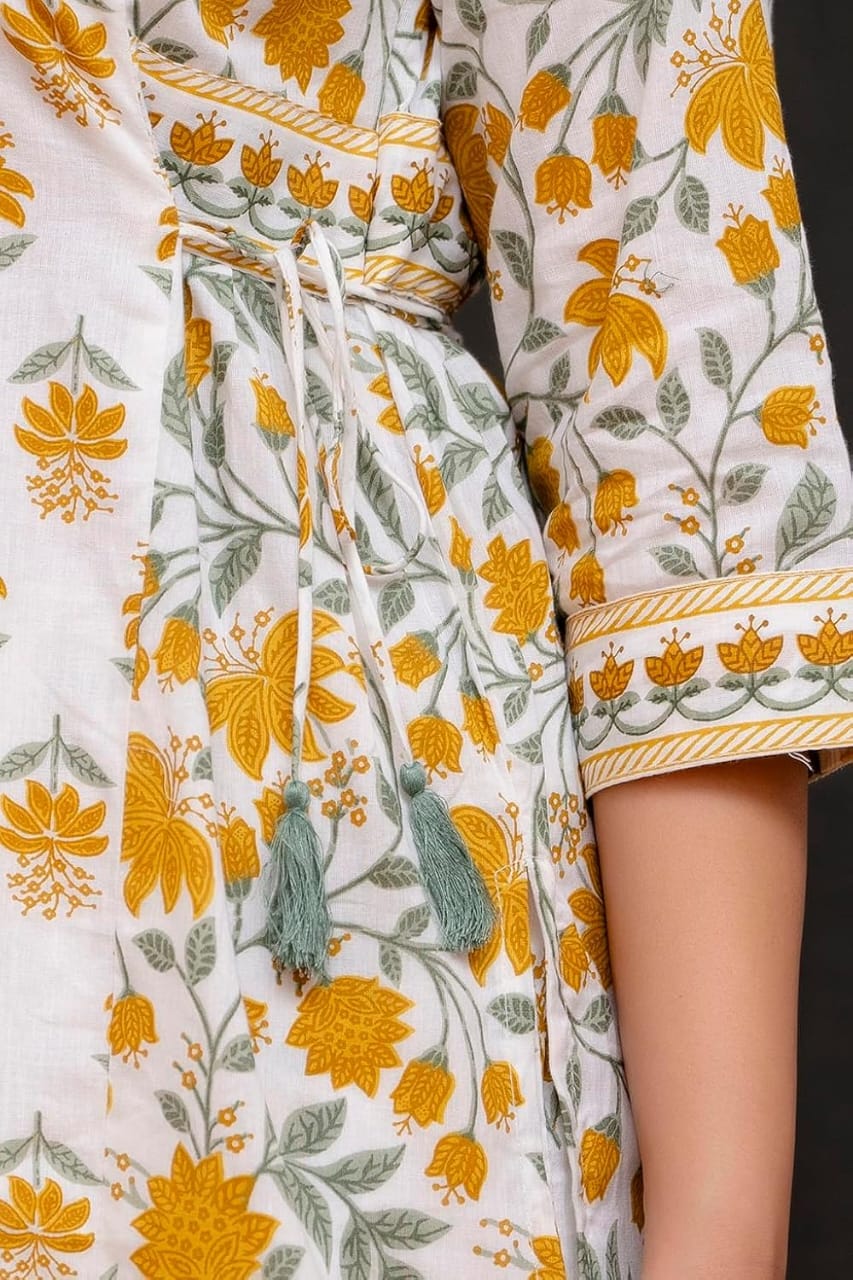 Yellow Women's Beautiful Block Print Nyra-Cut Kurta Pant & Dupatta Set