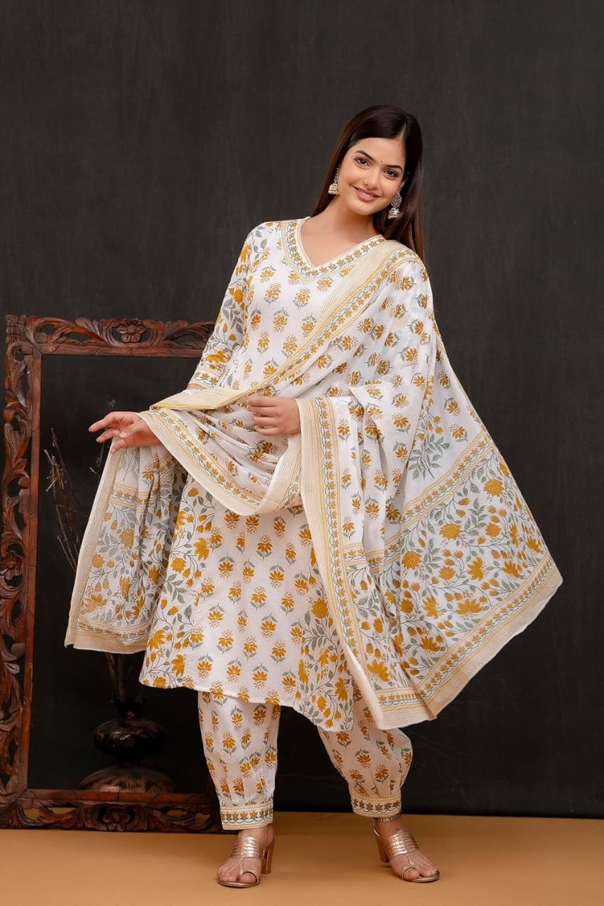 Yellow Women's Beautiful Block Print Nyra-Cut Kurta Pant & Dupatta Set