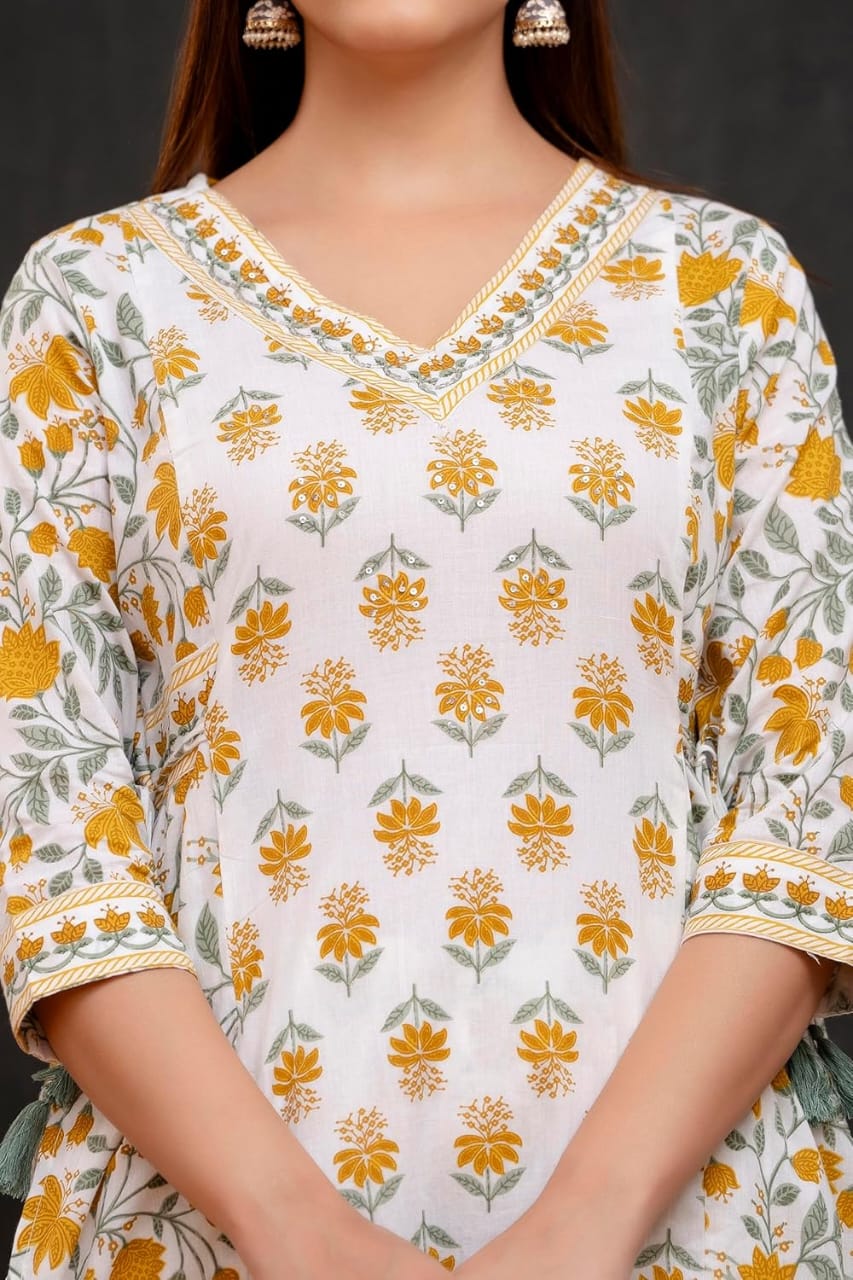 Yellow Women's Beautiful Block Print Nyra-Cut Kurta Pant & Dupatta Set