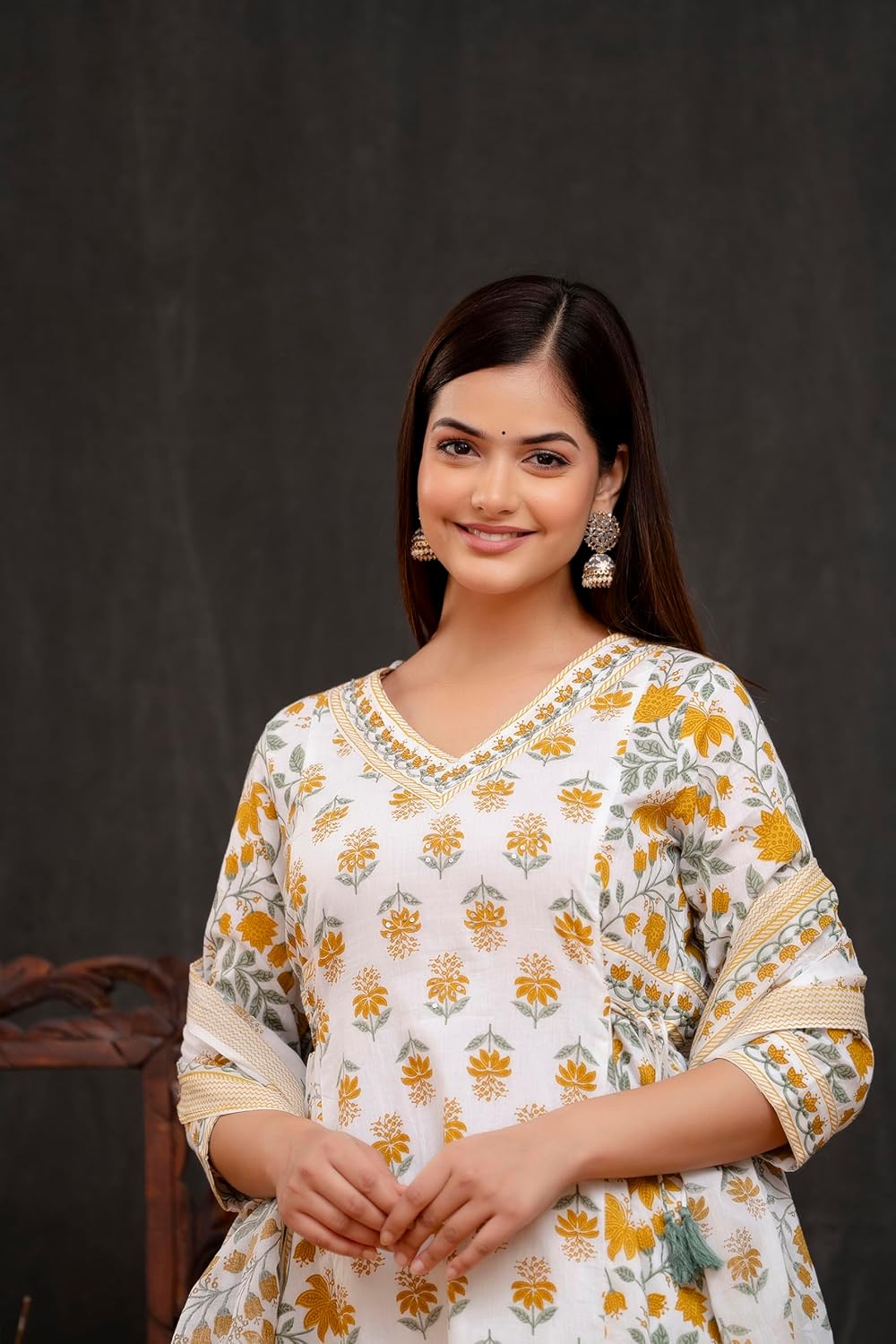 Yellow Women's Beautiful Block Print Nyra-Cut Kurta Pant & Dupatta Set