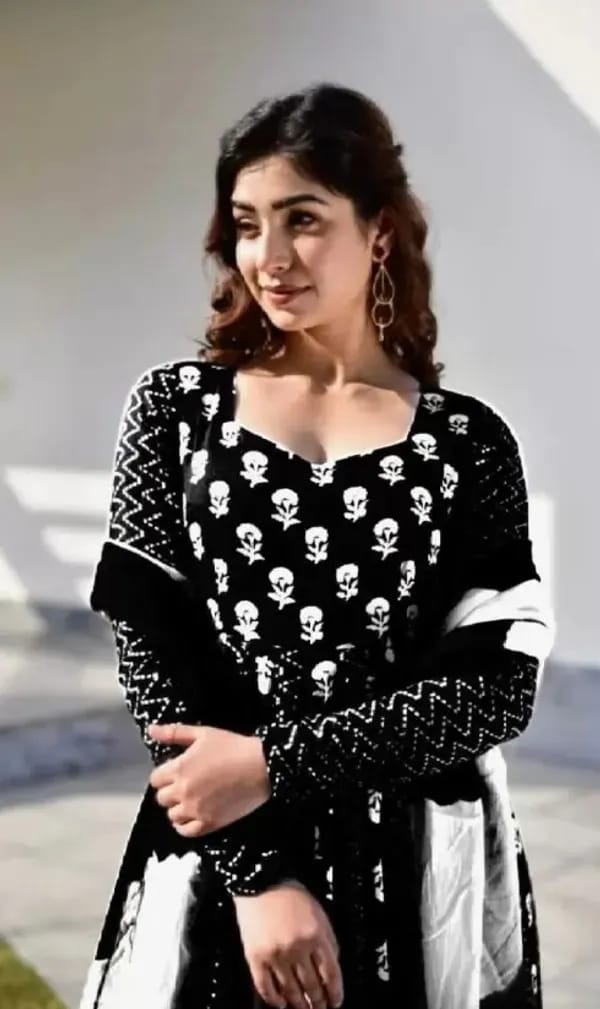 Black & White  Cotton Blend Gown And Dupatta Set for women
