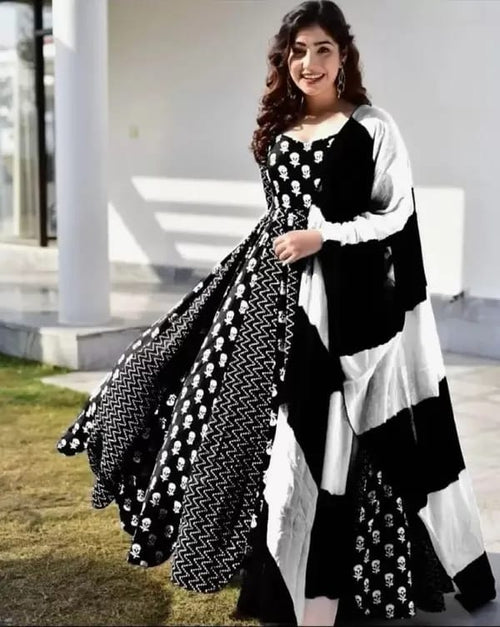 Black & White  Cotton Blend Gown And Dupatta Set for women