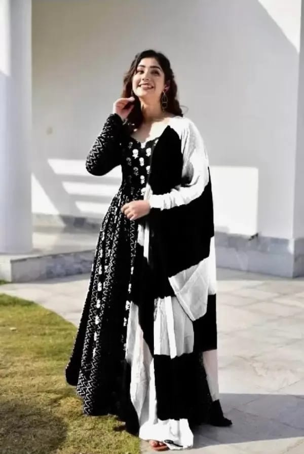 Black & White  Cotton Blend Gown And Dupatta Set for women