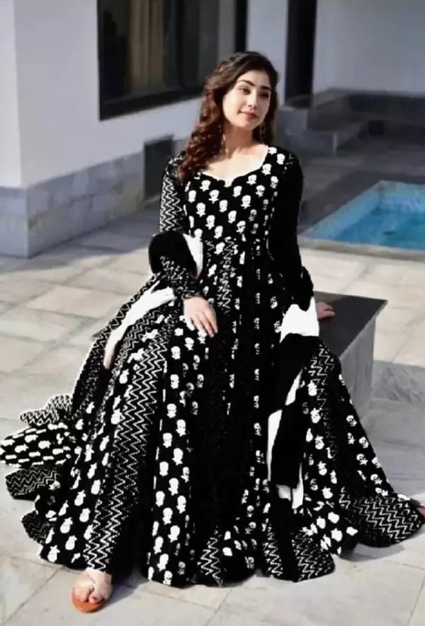 Black & White  Cotton Blend Gown And Dupatta Set for women