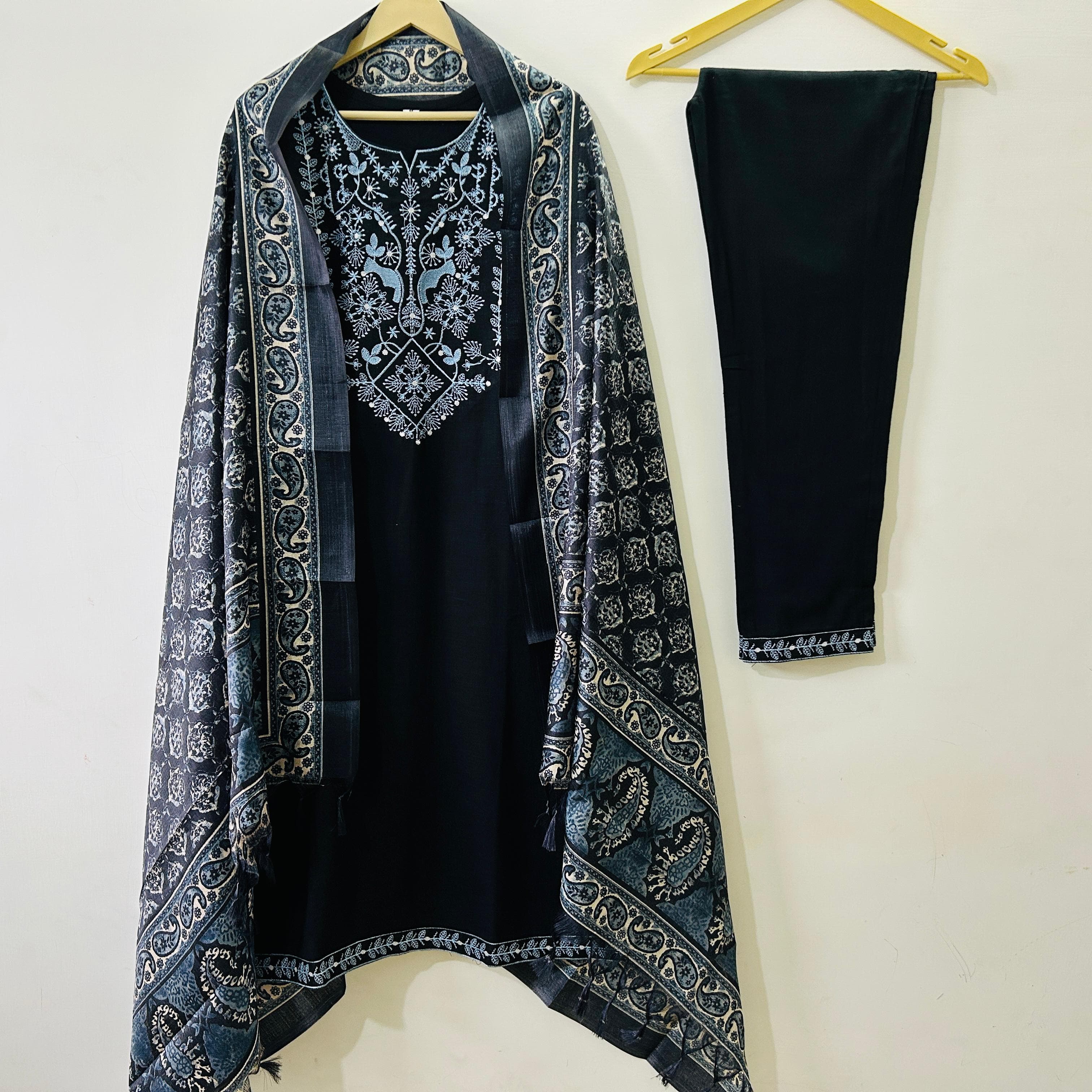 handloom embroidered cotton pants and baatik print Khadi silk dupatta to complete